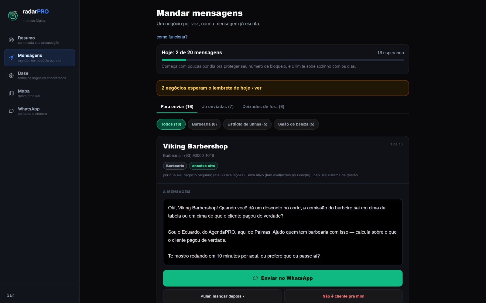 Tela Mandar mensagens do RadarPRO, com o limite do dia, a fila por ramo e a mensagem pronta de um lead