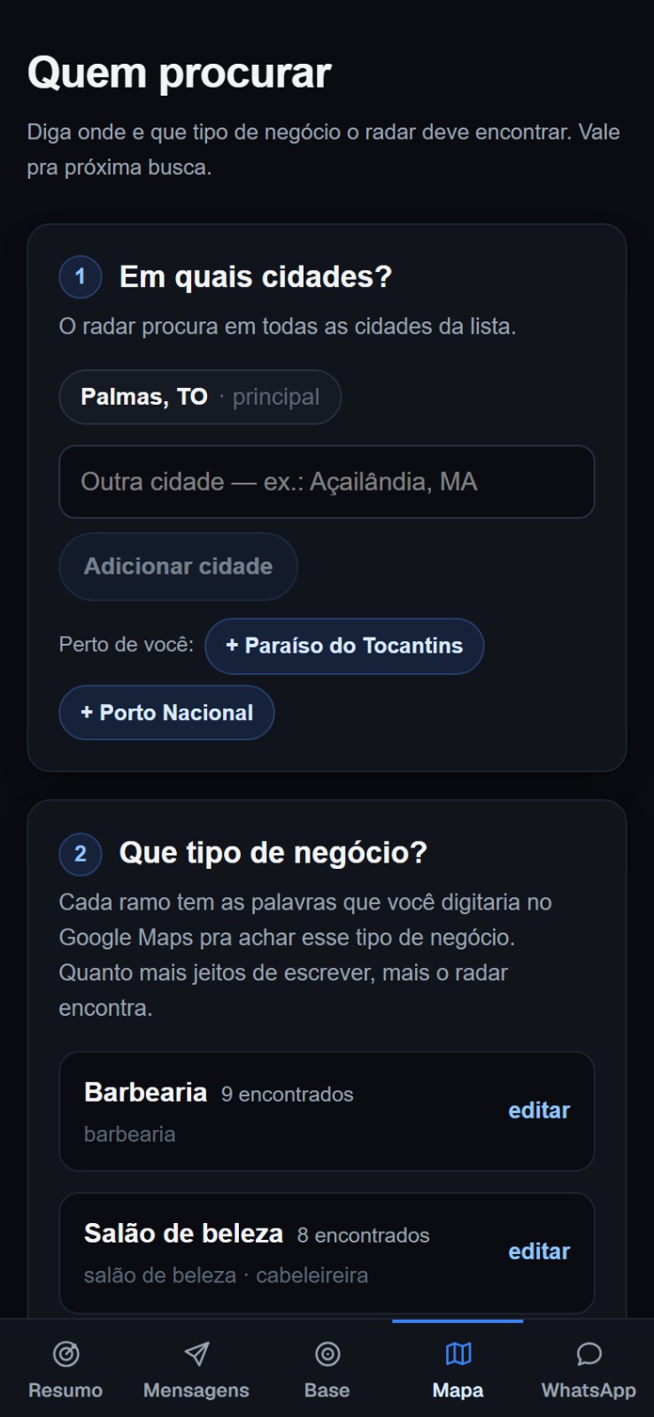Tela Quem procurar no celular, com cidades, ramos e palavras de busca
